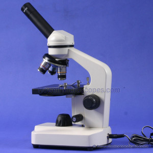 Compound light microscope for use with viewing biological specimens on slides.