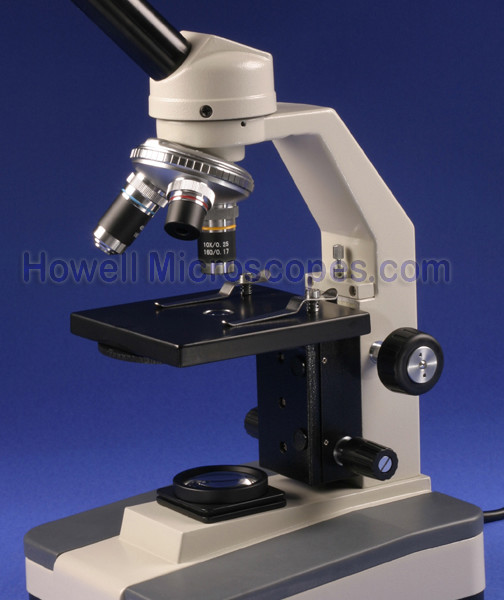 Compound light microscope for use with viewing biological specimens on slides.